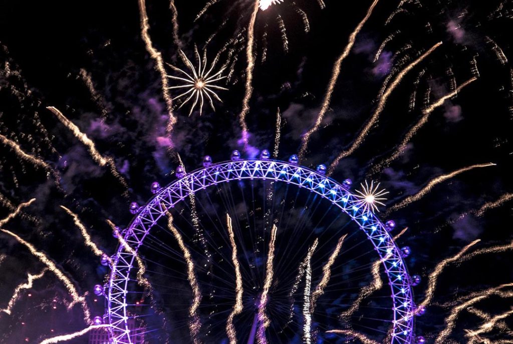 Fireworks behind the London Eye